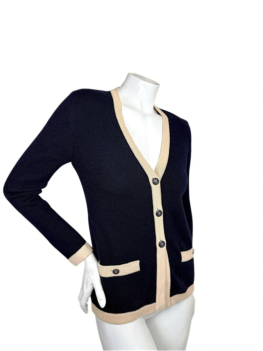 Vintage 90s Chanel Navy Ecru Cashmere CC Cardigan